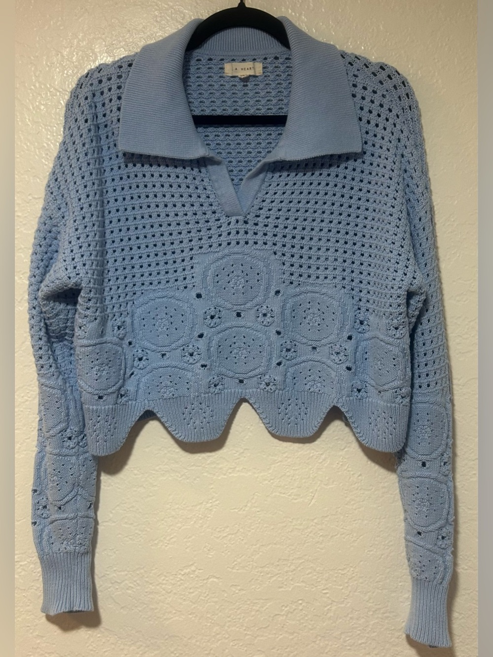La Hearts Light Blue V-Neck Crochet Pullover Sweater